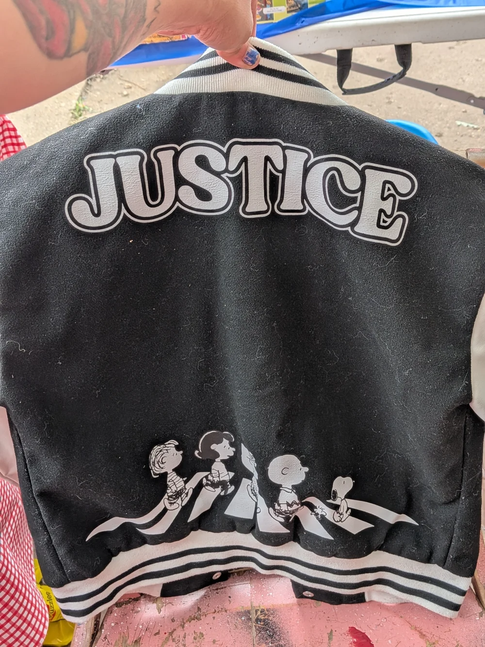 Justice Black & White Snoopy Patch Varsity Jacket